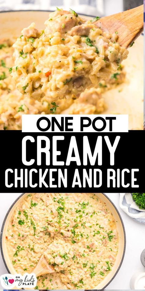 Easy Chicken And Rice Recipes Instant Pot, Rice Chicken Broth Recipes, Quick Chicken And Rice Dinner, Creamy Chicken Recipes Oven, Chicken Half And Half Recipe, Easy Couple Recipes Dinners, Creamy Chicken And Rice One Pot, Creamy Chicken One Pot Meals, Easy Creamy Chicken Bake