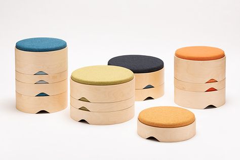 "The STACK stool provides alternative ways of shared seating for communities. It allows for an intimate and comfortable low-seating for the modern home." Stackable Furniture, Kids Ottoman, Bamboo Steamer, Stackable Stools, Small Stool, Coffee Club, Low Stool, Stool Design, Multifunctional Furniture