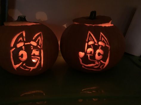 My kids loved the show so much they wanted to theme their pumpkins Bluey and Bingo. Couldn’t find the stencil so I made one myself. Hope it can help anyone else :) Bingo Pumpkin Carving, Bluey Bingo Pumpkin Carving, Bluey Cartoon Pumpkin Carving, Blue Pumpkin Carving, Bluey And Bingo Pumpkin, Bluey Themed Pumpkins, Pumpkin Carving Bluey, Pumpkin Carving Ideas Bluey, Pumkin Carving Bluey