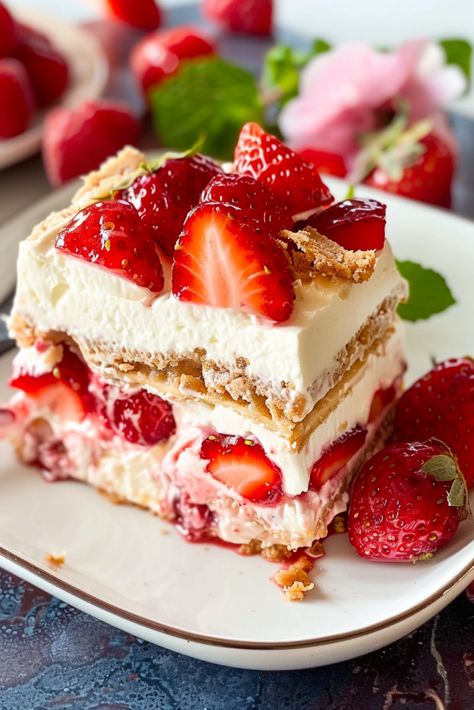 Graham Cracker Pudding, Icebox Cake Strawberry, Icebox Cake With Graham Crackers, Cracker Pudding, No Bake Summer Berry Ice Box Cake, No Bake Berry Icebox Cake, Summer Desserts Easy No Bake Strawberry Icebox Cake, Cake With Layers, Strawberry Crunch Cheesecake: A No-bake Delight