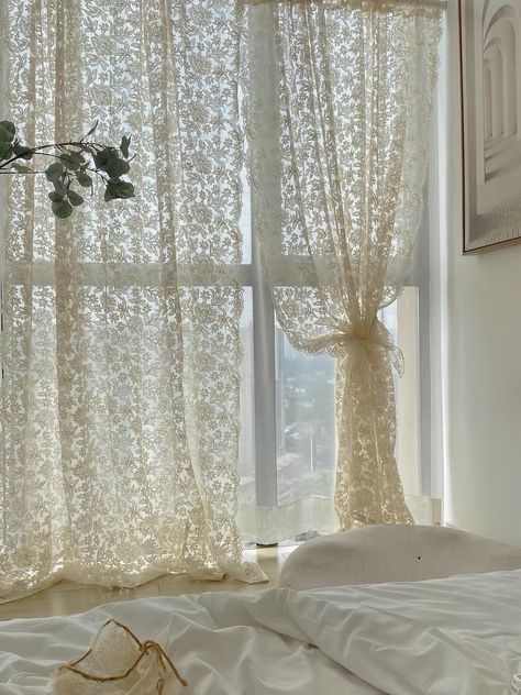 A romantic and lovely look sheer curtain that can be easily installed with a rod. The sunlight streaming through the embroidered flowers on these curtains creates a cozy atmosphere to entire room. Custom sizes are available.  * P L E A S E N O T E * ☁️ The size is measured when laid flat, It is recommended to choose a width 1.5 to 2 times wider than the window for a better and more pleated appearance. ☁️ Please pay attention to the size before purchase. We do not accept exchange or return for cu Diy Living Room Curtains, Lace Window Curtains, Lace Curtains Bedroom Aesthetic, Sheer White Curtains Bedroom Aesthetic, Aesthetic Curtains Living Room, Curtain Interior Design, Room Curtains Aesthetic, Romantic Home Interior, Pretty Curtains Bedroom