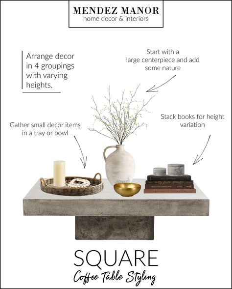 Square Coffee Table Decor, Square Coffee Table Styling, Living Room Bohemian Style, Coffee Table Centerpiece Ideas, Modern Coffee Table Decor, Bohemian Style Living Room, Bohemian Style Living, Coffee Table Decor Living Room, Large Square Coffee Table