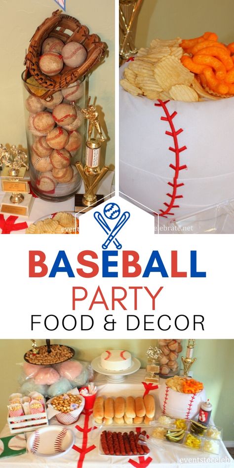 Fun and affordable baseball themed Birthday party!  Food and decor ideas to make it memorable. Baseball Theme Centerpiece Ideas, Baseball Birthday Party Decorations Diy, Baseball Concession Stand Party Ideas, Diy Baseball Party Decorations, Ball Park Food Ideas, Baseball Theme Food, Atlanta Braves Birthday, Baseball Party Centerpieces, Baseball Tailgate