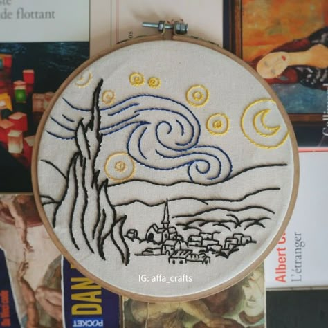 Embroidery starry night ✨Van Gogh Starry Nights Embroidery, The Starry Night Embroidery, Embroidered Starry Night, Starry Night Van Gogh Embroidery, Van Gogh Embroidery Simple, Starry Night Embroidery Pattern, Starry Night Gift Ideas, Van Gogh Embroidery Patterns, Bathroom With Gold Accents