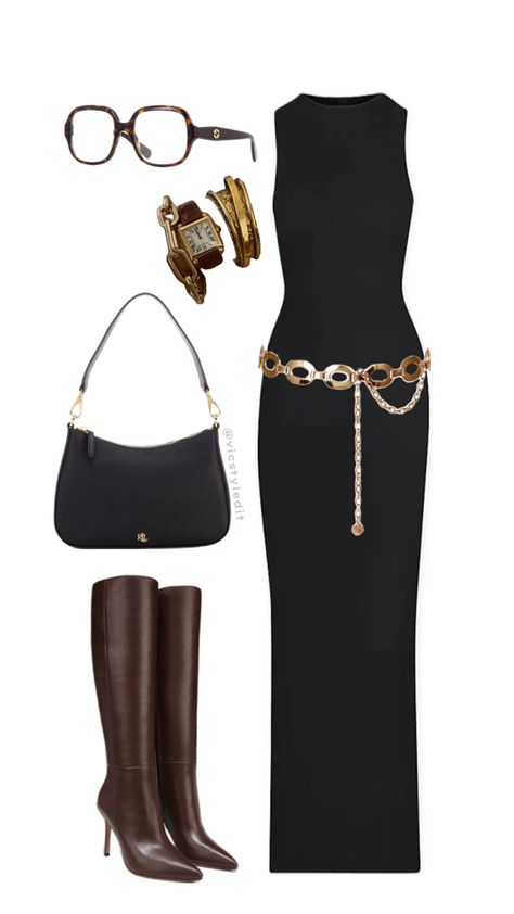 maxi dress, long black dress outfit, knee high boots outfit, gold waist chain outfit, gucci glasses, fall outfit, classy outfit, New York outfit inspo Waist Chain Outfit, Long Black Dress Outfit, Outfit Knee High Boots, Gold Waist Chain, Black And Gold Outfit, Chain Outfit, Knee High Boots Outfit, Black Dress Outfit, New York Outfit