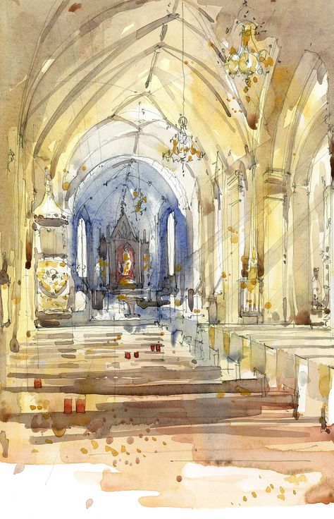 Nave of Church, Kranjska Gora, Slovenia Watercolour Sketch Architectural Illustration www.nickhirst.co.uk Watercolour Interior Drawing, Watercolour Architecture Drawings, Chapel Watercolor, Church Sketch, Watercolour Architecture, Watercolour Buildings, Church Watercolor, Church Drawing, Church Illustration