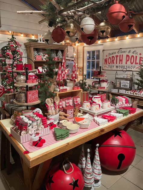 Christmas Shop Display, Home Decor, Christmas, Christmas Decor Santas Bakery Decor, Christmas Shop Decor Ideas, Christmas Bakery Display, Santa Workshop Ideas, Christmas Store Decoration, Christmas Boutique Ideas, North Pole Aesthetic, Christmas Decoration Store, Christmas Bakery Shop