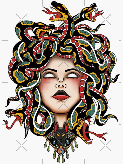 Traditional Style Medusa Tattoo, Old School Medusa Tattoo, Traditional Medusa Tattoo Design, Traditional Tattoo Medusa, Medusa Tattoo Color, American Traditional Medusa, American Traditional Medusa Tattoo, Medusa Art Drawing, Medusa Traditional Tattoo