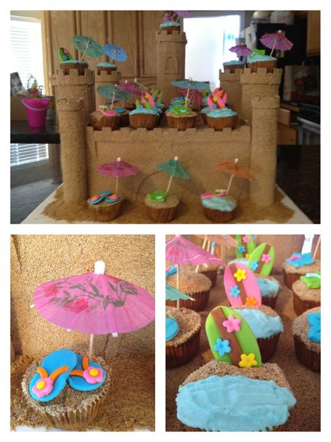 Fake sandcastle cupcake stand and beach inspired cupcakes - designed by me for my daughter's 2nd birthday Beach Theme Birthday Party, Beach Theme Birthday, Anna Birthday, Cake And Cupcake Stand, Beach Cakes, Sea Birthday Party, Sea Birthday, Hawaiian Party, Cupcake Stand