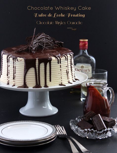 Layers of Whiskey Chocolate Cake, Whiskey Dulce de Leche Frosting and Whiskey Ganache. from #DietersDownfall Chocolate Whiskey Cake, Booze Cake, Whiskey Chocolate, Whiskey Cake, Boozy Desserts, Chocolate Mousse Cake, Mousse Cake, Let Them Eat Cake, Yummy Cakes