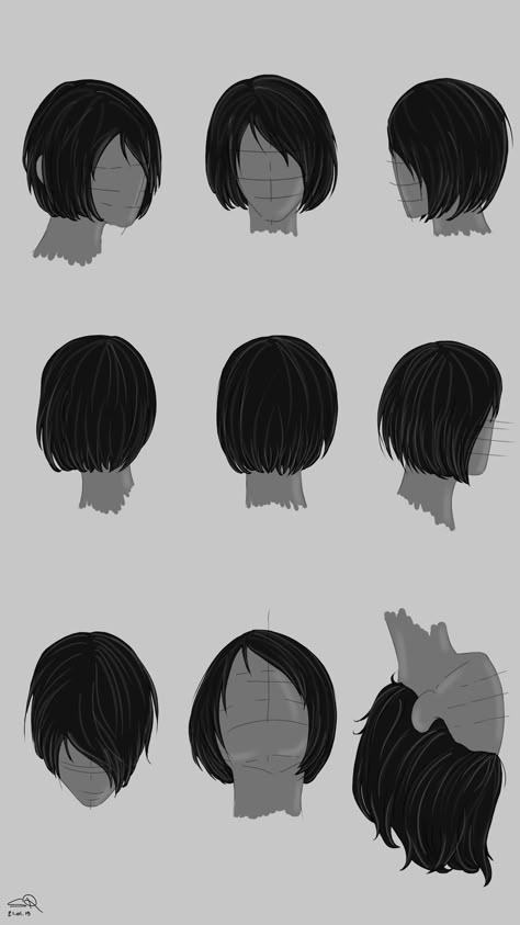 Short Hairstyle Drawing For Women, Short Hair Women Drawing Reference, Emo Hair Drawing Reference, Bob Haircut Drawing Reference, Female Short Hair Drawing, Short Hairstyle Women Drawing, Hair References Drawing, Short Hair Long Bangs, Neck Tattoo Women