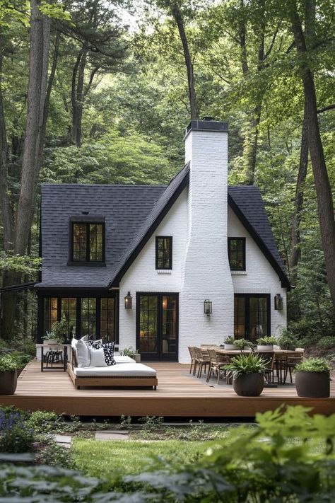 Guest House Ideas Exterior, One Peak House Exterior, Architectural Digest Cottage, Tall Cottage House, Bungalow Style Homes Exterior, White Lake Cottage Exterior, Cottage In Forest Aesthetic, Earthy Home Outside, Woodland Cottage House Plans