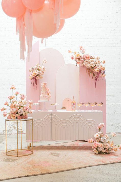 I'm simply stunned by this All Blush Everything Valentine's Day Party by Jacquelyn Kazas of Beijos Events! With a modern beverage bar and a gorgeous blush guest table decked out in blooms, this darling event is one to make you swoon! So sit down and take a look and be certain to spot these loving details: Beautiful Blush + White Valentine-inspired Cake Pink + White Panel Backdrop Hanging Balloon Tassel Chandelier Elegant Pink + White Table Settings Personalized Acrylic Heart Tags Acrylic Signage Blush Pink Backdrop, Pink And White Backdrop, Pink And White Party, Bridal Shower Backdrop Pink, Balloon Backdrop Pink And White, Pink White Table Setting, Pink Wedding Sign, Arch Backdrop Panels Pink, Blush Curtains