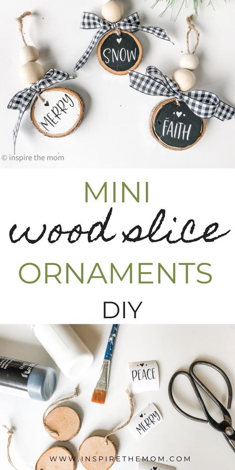 Using your Cricut and a handful of craft supplies, learn how to make these cute, mini, one-word, wood slice ornaments. #cricut craft #wood slice ornaments #small wood ornaments #cricut design #christms ornament diy #christmas wood slice ornament #project #craft #Cricut Christmas #homemade gift idea #homemade ornament Log Slices Ideas Diy Projects, Round Tree Slices Ideas, Small Wood Circle Crafts Diy, Wood Ornaments Diy Tree Slices Vinyl, Small Wood Rounds Crafts Diy Projects, Small Wooden Rounds Crafts, Wooden Round Ornaments Wood Slices, Small Round Wood Crafts, Cricut Circle Wood Projects