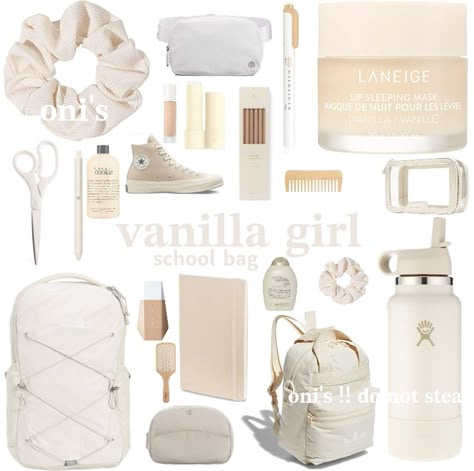 #vanilla #vanillagirl #aesthetic #beigeaesthetic #beige #school #cute #vanillagirlaesthetic Vanilla Girl School Essentials, Vanilla School Aesthetic, Clean Girl School Bag, That Girl School Bag, Vanilla School Supplies, Beige School Supplies, Beige School Aesthetic, Vanilla Girl Backpack, Clean Girl School Supplies