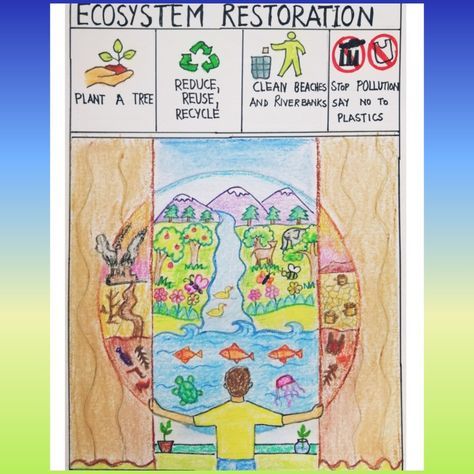 Poster On Land Restoration, Land Restoration Drawing, Land Restoration Poster, Ecosystem Restoration Poster, Land Restoration Poster Drawing, Ecosystem Drawing Ideas, Ecosystem Drawing Easy, Biosphere Drawing, Easy Poster Making