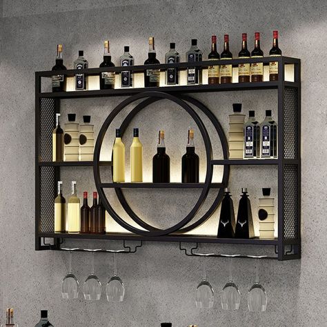 Bottle Wall Storage, Wall Mounted Bar Shelves, Wall Mounted Bar Cabinet, Bar Cabinet Furniture, Alcohol Storage, Black Wine Rack, Wine Bottle Shelf, Wall Mounted Kitchen Storage, Mounted Wine Rack