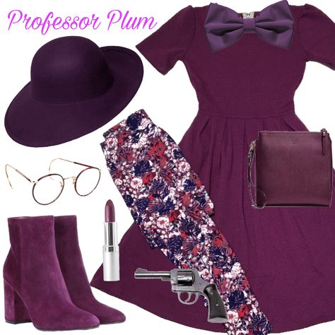 It was Professor Plum in the library with a revolver! This Clue inspired costume is adorable, but this cute LulaRoe Amelia dress with leggings is great ANY day of the year. For more cute and versatile clothes like these, shop.withbeckyo.com Professor Plum Costume Female, Professor Plum Costume, Clue Aesthetic, Professor Costume, Professor Plum, Clue Costume, Plum Jacket, Tech Theatre, Jacket Outfit Ideas