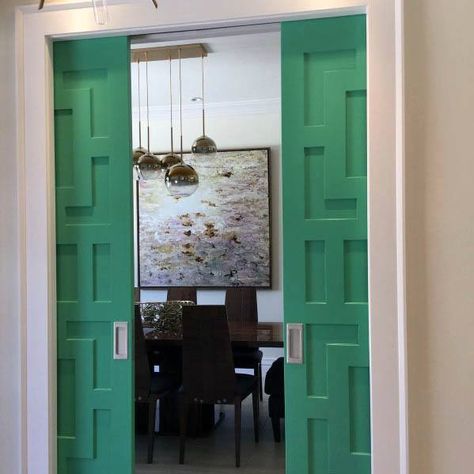 Cool Pattern Wood Green Pocket Door Pocket Door Living Room, Pocket Door Ideas, Stairway Door, Applied Molding, Connecticut House, Double Pocket Door, Double Pocket Doors, Sliding Door Window Treatments, Sliding Doors Exterior