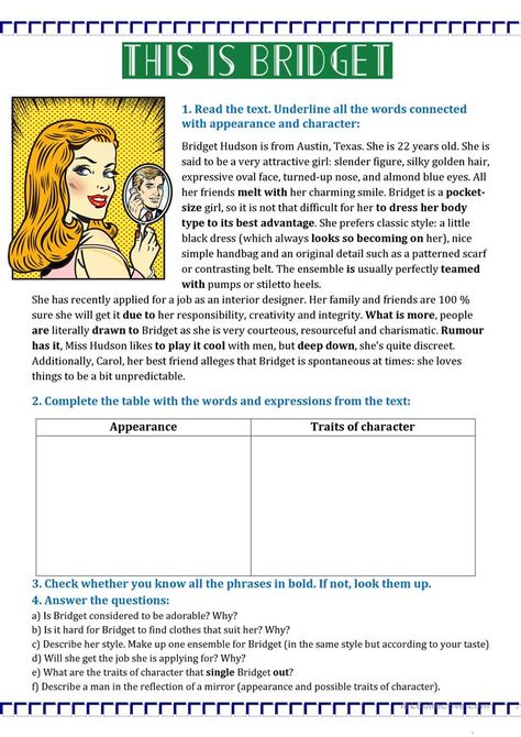 This Is Bridget (Appearance and Character description) - English ESL Worksheets Adjectives To Describe Personality, Hello English, Character Worksheets, Esl Reading, Describing Characters, Character Traits, English Language Teaching, English Tips, Reading Worksheets