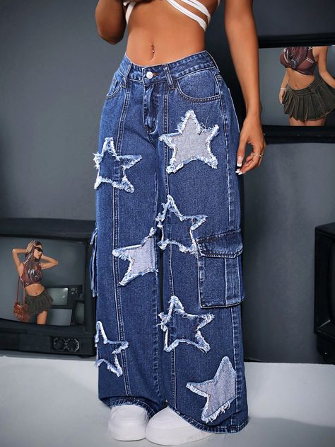 SHEIN ICON Women Work Wear Loose Denim Pants With Wide Legs, Star Patches And PocketsI discovered amazing products on SHEIN.com, come check them out! Fancy Pants Outfit, Dope Fashion Outfits, Kueez Celebrity, Kueez Amazing, Kueez Pins, Vintage Wash Jeans, Neat Casual Outfits, Moda Denim, Shein Icon