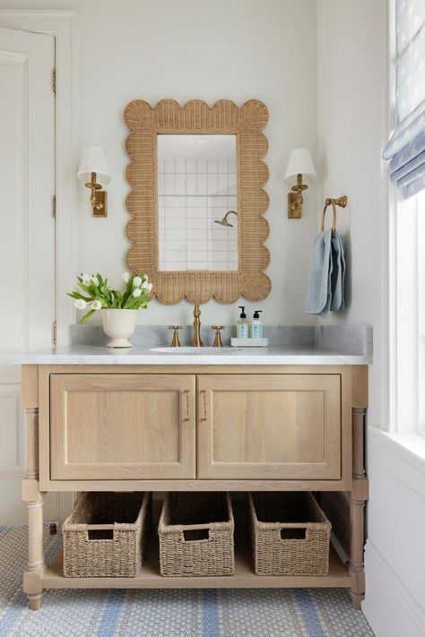 Coastal Powder Room Ideas, Pool Outdoor Living, Pool House Kitchen, Coastal Powder Room, Dream House Design, Bria Hammel Interiors, Custom Tile Design, Bria Hammel, Coffee Table With Chairs