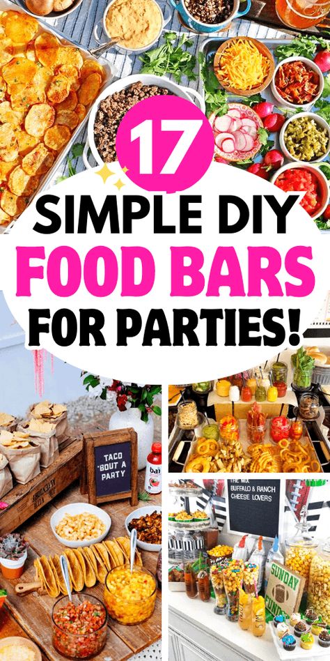 build your own food bar ideas Food Bars For Parties, Build Your Own Food Bar, Food Bar Ideas For Parties, Food For Large Groups, Office Party Foods, Cheap Party Food, Food Bar Ideas, Buffet Style Dinner, Party Food Bars