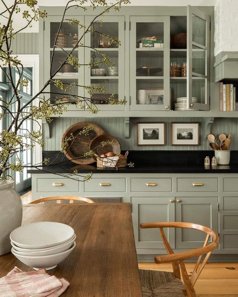 Kitchens With Light Green Cabinets, Warm Green Kitchen Cabinets, Light Green Cabinets Kitchen, Cream And Green Kitchen, Boys Desks, Light Taupe Kitchen Cabinets, Light Green Kitchen Cabinets, Green And Gold Kitchen, Taupe Cabinets