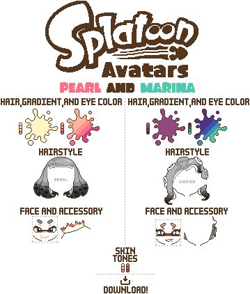 Make Pearl and Marina as you avatar! ※ PRO TIP: if you own photoshop, use "Color Range" to make the coloring much quicker! and the noticeably darker grays are when the gradient palette comes in! go to this link for more basic instructions: https://www.pinterest.com/pin/590745676099669156/ Splatoon Color Palette, Pearl X Marina, Marina And Pearl, Gradient Palette, Art Improvement, Marina Splatoon, Pearl And Marina, Make Avatar, Splatoon