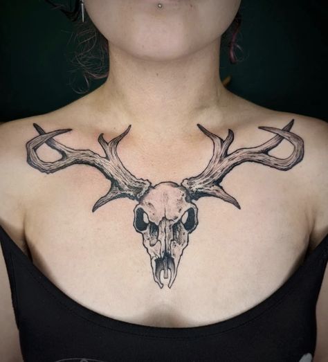 Antler Collar Bone Tattoo, Deer Skull Chest Tattoo, Deer Skull Tattoos For Women, Skull Chest Tattoo Female, Deer Chest Tattoo, Stag Skull Tattoo, Tattoo Deer Skull, Deer Tattoos For Women, Skull Chest Tattoo