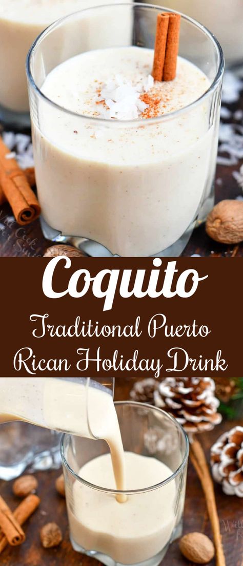 Coquito is a traditional Puerto Rican holiday drink that is smooth, thick, and creamy. It's sweet and has a pronounced coconut flavor. #drink #cocktail #coconut #rum #holidaydrink Christmas Puerto Rican Recipes, Traditional Coquito Puerto Rico, Puerto Rican Coconut Dessert, Hennessy Coquito Recipe, Coconut Coquito Recipe, Coquita Drink, Creamy Coquito Recipe, Puerto Rican Cocktails, Keto Coquito Recipe