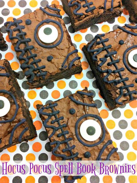 Book Brownies, Halloween Baby Reveal, Brownie Halloween, Hocus Pocus Watch Party, Hocus Pocus Night, Hocus Pocus Movie Night, Halloween Themed Desserts, Hocus Pocus Spell, Disney Halloween Parties