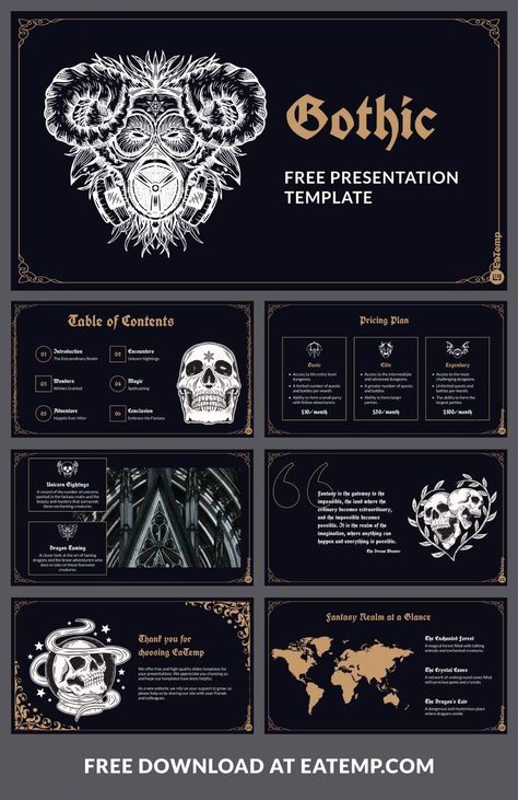 Gothic 13 Halloween Google Slides, Gothic Templates, Goth Website Design, Gothic Website Design, Gothic Pattern Design, Gothic Graphic Design, Halloween Presentation, Occult Design, Web Design Black