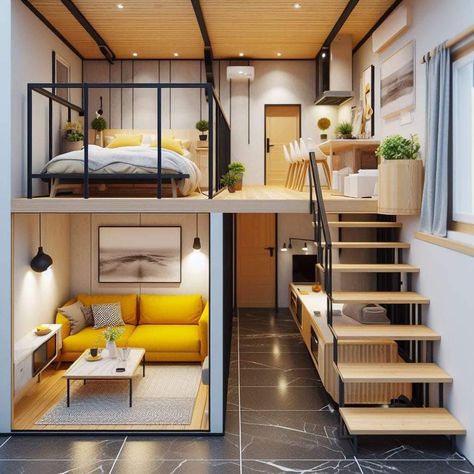 Small Loft Apartments, Loft House Design, Small Room Design Bedroom, Tiny House Loft, Tiny House Inspiration, Small Apartment Design, Studio Apartment Ideas, Loft House, Tiny Cabin