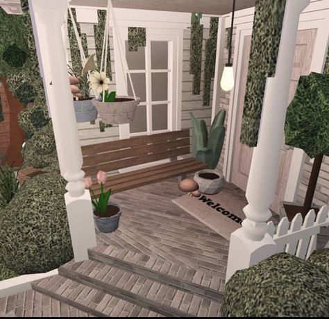 Bloxburg Front Door Ideas Aesthetic, Blox Burg Garden Ideas, Bloxburg Back Porch Ideas, Porch Idea Bloxburg, Bloxburg Porch Ideas Aesthetic, Entrance Hall Ideas Bloxburg, Bloxburg House Ideas Porch, Block Burg House Ideas, Entryway Bloxburg Ideas