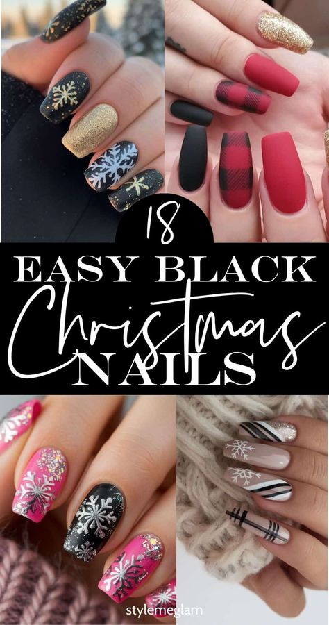 Check out these festive and easy black Christmas nails to create this holiday. These black Christmas nail ideas with a bow, or with a snowflack or matte or long, oval, square nails are perfect for your winter outfits! Save this pin for later! Red And Black Christmas Nails Design, Red And Black Nails Christmas, Black And Red Matte Nails, Black Holiday Nail Designs, Black Christmas Nails Short, Oval Square Nails, Black Holiday Nails Christmas, Black Christmas Nails Acrylic, Dark Christmas Nail Designs