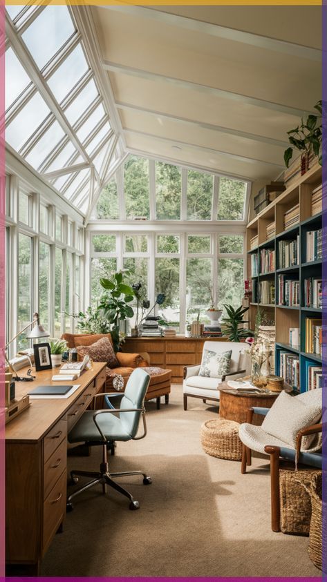 Home Sunroom Ideas, Sunroom Into Office, Home Office Conservatory, Conservatory Study Room, Home Office Sophisticated, Home Office Extension, Conservatory Home Office, Bump Out Office Addition, Home Office Natural Light