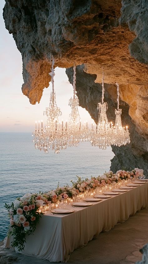 ✨ Picture your love story unfolding at an Elegant Cliffside Wedding in Barcelona! 🌅 Dine under crystal chandeliers as the sun sets, creating a dreamy dusk celebration. Let us capture your unforgettable moments! #BarcelonaWedding #ElegantCelebration #WeddingVideographer #Midjourney Wedding On A Cliff, Wedding On Cliff, Nasher Sculpture Center Wedding, Wedding Ruins, Wedding Afterparty, Cliffside Wedding, Cliff Wedding, Croatia Wedding, Wedding Castle