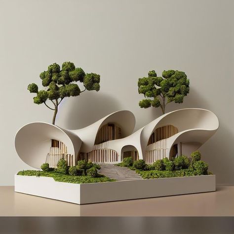 Form Model Architecture, Complex House Design, Curved Buildings Architecture, Architecture Form Concept Ideas, Curved Architecture Model, Celeste Architecture, Curved Facade Architecture, Curved Building Architecture, Architecture Tree Model