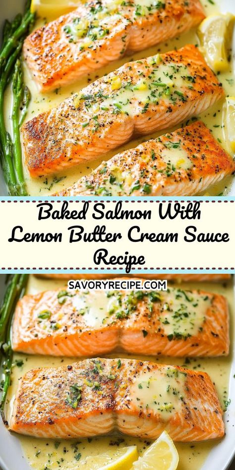 Looking for a delicious way to elevate your seafood dinner? This Baked Salmon with Lemon Butter Cream Sauce is a perfect choice! Enjoy a meal that's not only flavorful but also healthy. Save this recipe for an easy weeknight dinner option that your family will love! Lemon Salmon Recipes Baked, Lemon Sauce For Salmon, Lemon Butter Cream Sauce, Salmon Sauce Recipes, Lemon Salmon Recipes, Butter Fish Recipe, Baked Salmon With Lemon, Oven Baked Salmon Recipes, Salmon Recipes Oven