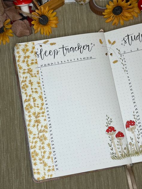 Mushroom Forest Bullet Journal Mushroom Sleep Tracker, Bullet Journal Mushroom Theme, Mushroom Mood Tracker, Mushroom Bullet Journal, Sleep Tracker Bullet Journal, September Bujo, Bullet Journal August, Bullet Journal September, Tracker Bullet Journal