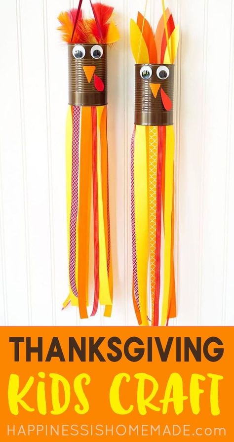 Thanksgiving Kids Craft Turkey Windsocks: These adorable turkey windsocks made from a recycled tin can, ribbon, Elmer’s glue, and crafty odds and ends are the cutest Thanksgiving turkeys around! Thanksgiving Kids Craft, Turkey Diy Crafts, Craft Turkey, Windsock Craft, Thanksgiving Turkeys, Thanksgiving Kids Table, Easy Thanksgiving Crafts, Turkey Decor, Turkey Crafts