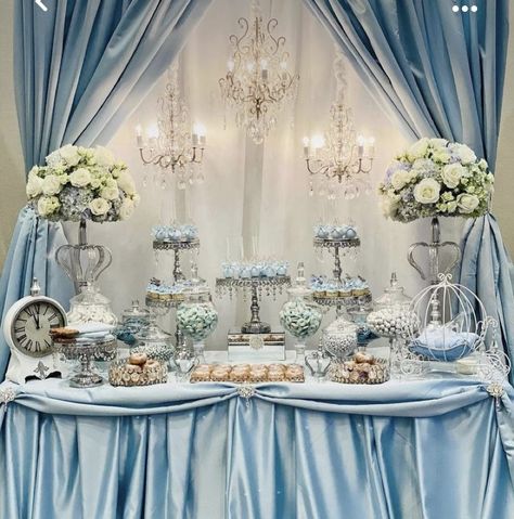 Quinceañeras Table Decorations, Cinderella Quince Chambelanes, Cinderella Quince Dessert Table, Light Blue Quinceanera Table Decorations, Quince Decorations Light Blue And Silver, Light Blue Quinceanera Decorations Ideas, Butterfly Quince Theme Blue, Cinderella Candy Table Ideas, Cinderella Table Decor