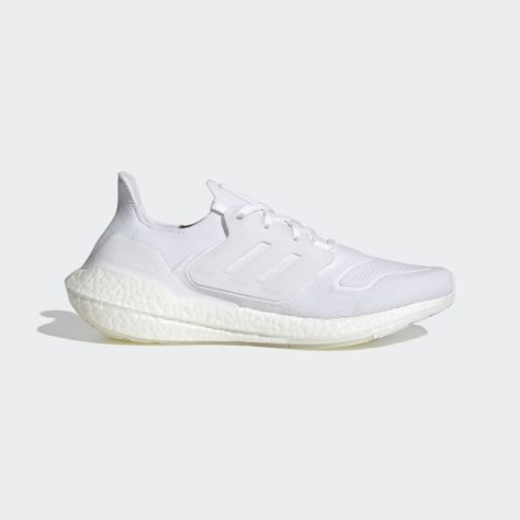 These Ultraboost running shoes serve up comfort and responsiveness. You'll be riding on a BOOST midsole for endless energy, with a Linear Energy Push system and a Continental™ Rubber outsole. This shoe's upper is made with a high-performance yarn which contains at least 50% Parley Ocean Plastic —  reimagined plastic waste, intercepted on remote islands, beaches, coastal communities and shorelines, preventing it from polluting our ocean. Adidas Ultraboost White, Ultraboost 22, Soft Heels, Prevent Blisters, Adidas Primeknit, White Running Shoes, Best Walking Shoes, Adidas Ultraboost, Adidas Ultra Boost