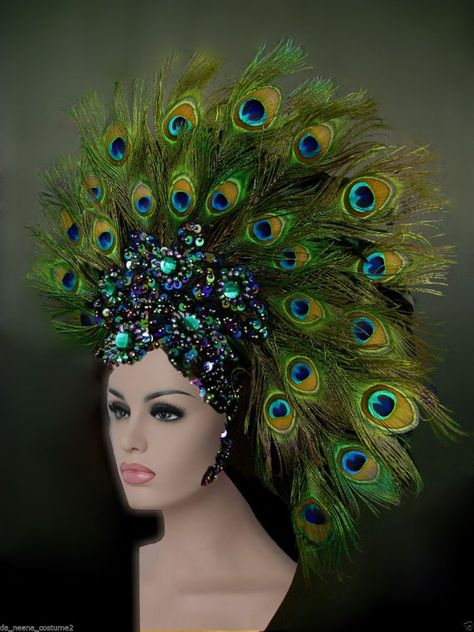 Peacock Facinators, Peacock Headdress, Peacock Woman, Showgirl Headdress, Peacock Fashion, Peacock Costume, Feather Mask, Burlesque Costumes, Costume Ball