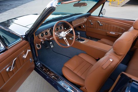 This is a 1966 Mustang GT Convertible in Nightmist Blue Metallic. It has Mercedes Saddle Brown leather interior. This car has 17x8 Styled Aluminum Charcoal wheels. It features a 460hp Ford 5.0L Ti-VCT Coyote DOHC V8 engine and a Ford 10R80 10-speed electronically controlled automatic transmission. #mustang #shelby #classicmustang #classicshelby #carinspiration #blue #bluecar #classiccar 1968 Ford Mustang Interior, Old Mustang Interior, Mustang Cars Interior, Classic Mustang Interior, 1966 Mustang Interior, 1965 Mustang Convertible, Ford Mustang Interior, 1966 Mustang Gt, Ford Mustang 1969