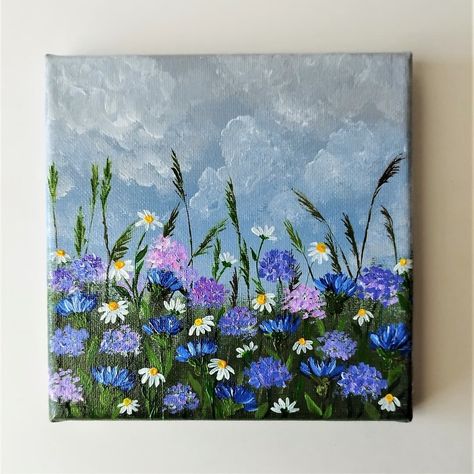 Capture the beauty of wildflowers with this stunning acrylic painting of a field of daisies landscape wall art. See more details and purchase your perfect piece Canvas Ideas Landscape, Flower Crown Painting Acrylic, Two Piece Art Canvases, Detailed Canvas Painting, Easy Rustic Paintings, Detailed Painting Ideas, Small Wood Painting, Small Acrylic Painting Mini Canvas, Simple Nature Paintings