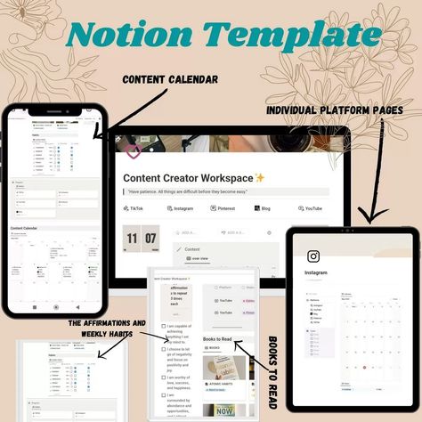 Best Notion Template for Content Creators. You're going to love this Notion Template Aesthetic. This Notion template for content creators is perfect for social media influencers, entrepreneurs, and more! From positive affirmations to organized content calendars. If you want a content organization tip, download Notion! Content Organization, Social Media Content Calendar Template, Notion Template Aesthetic, Content Calendar Template, Social Media Content Calendar, Blogging Resources, Notion Template, Having Patience, Content Calendars