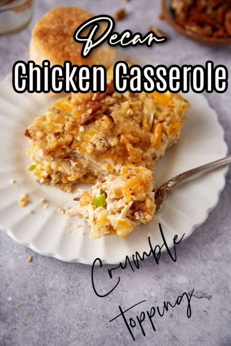 Add Southern pecans to chicken in a creamy sour cream based sauce and you have a perfect weeknight casserole or weekend brunch. A cheesy pecan crumble on the top and bottom gives this chicken casserole some crunch and flavor. No canned soup here, just an easy egg based sauce that can be prepped in only 15 minutes. Let the oven do all the work. Canned Chicken And Dressing Casserole, Chicken Pecan Quiche, Casserole With Cheese, Queso Chicken, Pecan Crumble, Simple Meal Planning, Creamy Chicken Casserole, Turkey Leftovers, Pecan Chicken