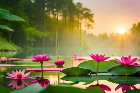 pink lotus flowers in the water at sunrise. AI-Generated Flowers In The Water, Pink Lotus, Lotus Flowers, Lotus Flower, Image Types, The Pink, Google Images, Lotus, Royalty Free Stock Photos